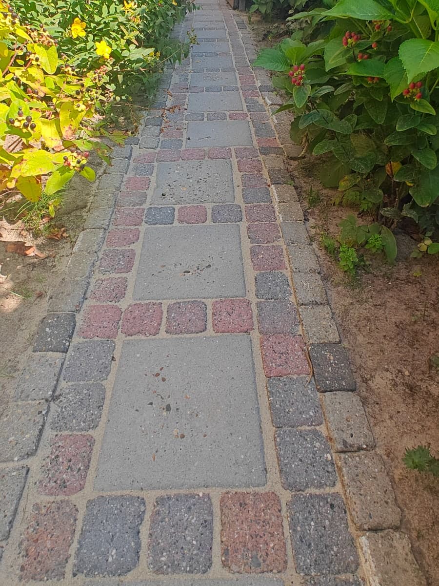 Hetzelfde tuinpad met schone, opnieuw ingeveegde voegen, na de reiniging